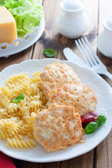 Pasta with minced chicken cutlets, selective focus