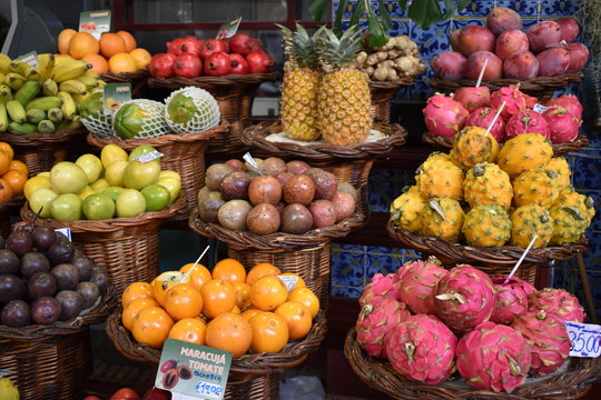 Closeup of fruits and vegetables on a local market in Funchal in Madeira, Portugal
