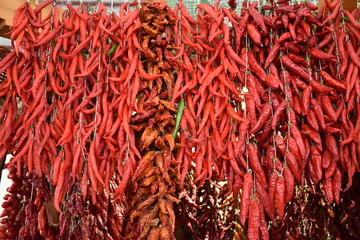 Closeup of red chilis on a local market in Funchal in Madeira, Portugal