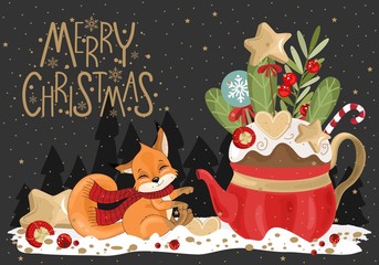 Merry Christmas greetings with Squirrel, festive teapot, twigs and sweets. Vector illustration. Winter holiday card with calligraphic and hand-drawn design elements.