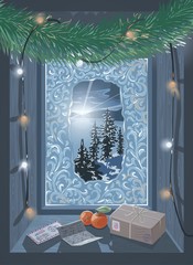 The window of the hut overlooking the natural winter landscape. Fir coniferous paw decorated with garland. Ice freezes on the panes into wonderful shapes.