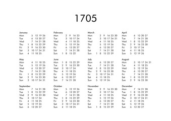 Calendar of year 1705