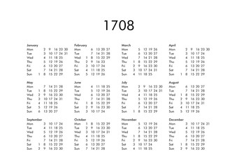 Calendar of year 1708
