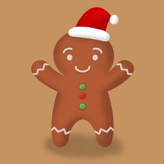 Gingerbread man with santa hat icon. Digital painting for Christmas