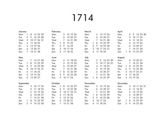 Calendar of year 1714