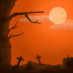 Halloween cartoon background, tree with pumpkin and tomb.