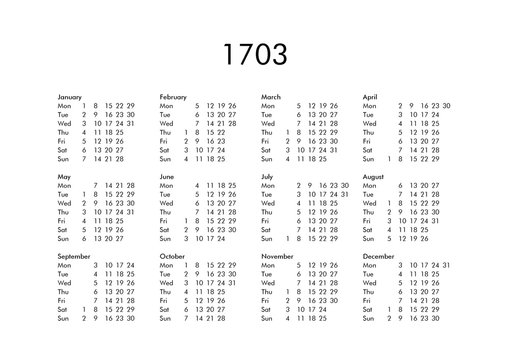 Calendar of year 1703