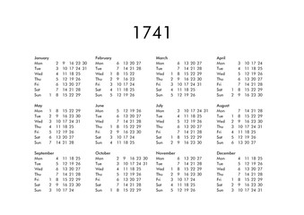 Calendar of year 1741 - obrazy, fototapety, plakaty