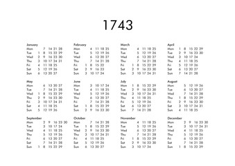 Calendar of year 1743