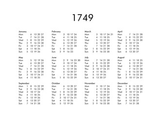 Calendar of year 1749