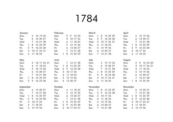 Calendar of year 1784
