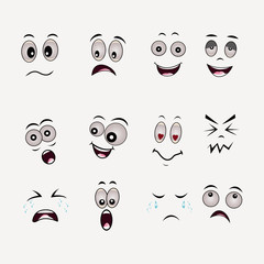 Cartoon faces expressions set on white background