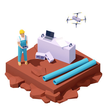 Vector Isometric Drone Survey At Construction Site