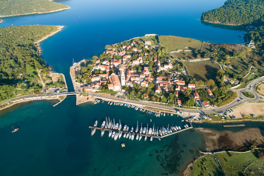 Aerial view of Osor ( Ossero ) is a small town and port on the Cres island in Croatia. It is lies at a narrow channel that separates islands Cres and Lo&scaron;inj. 