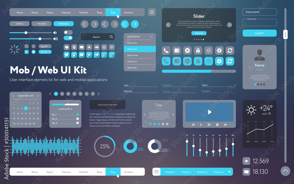 Fototapete vector ui ux kit for mobile applications and web sites. universal user interface template with respo