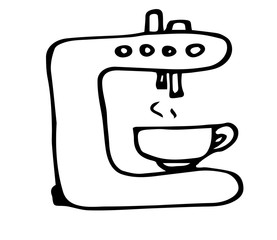 Coffee maker doodle hand drawn icon isolated on white background, Coffee maker machine cartoon icon.
