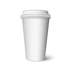 Blank plastic white cup for hot drink. Realistic coffee, tea or chocolate cup with cap. Vector mock up isolated on white background with shadow. 