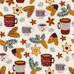 winter seamless pattern with cups and ginger cookies - vector illustration, eps