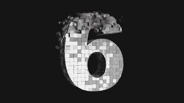 Number 6 - Build and destroy number six from metallic cubes, 3D number animation on dark and chroma key green screen background in 4K