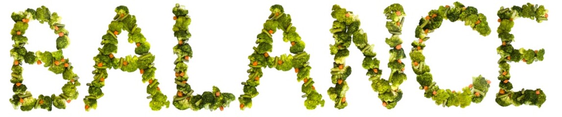 balanse. Healthy lifestyle and nutrition. English alphabet. Text from the products. Broccoli, asparagus, carrots. Designer font. Vegetable Font.