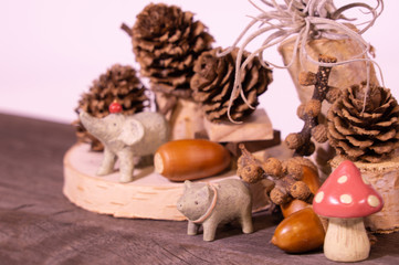 秋に囲まれたきのこ、豚、象