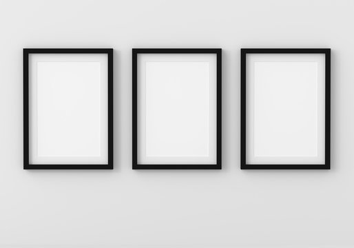Three empty photo frame for mockup in empty white room, 3D render, 3D illustration