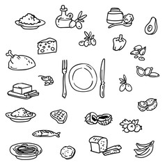 Healthy food icon. Hand drawn doodle set. Plate of food, fork, knife, vegetables, fruit, seeds, meat, chicken, seafood, olive oil.