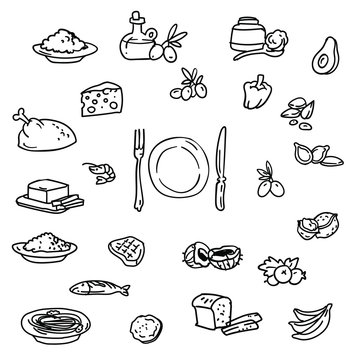 Healthy Food Icon. Hand Drawn Doodle Set. Plate Of Food, Fork, Knife, Vegetables, Fruit, Seeds, Meat, Chicken, Seafood, Olive Oil.