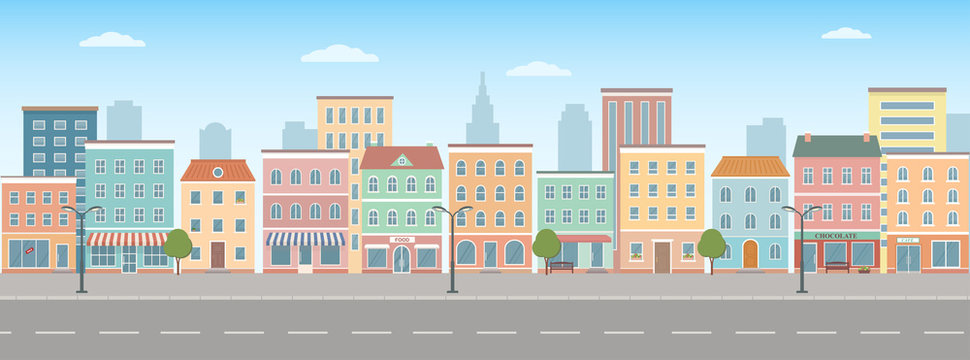 City life illustration with house facades, road and other urban details.  Panoramic view. Flat style, vector illustration.