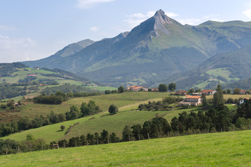 Panorama of Goierri from Lazkaomendi with Txindoki mountain as background, Basque Country, Spain