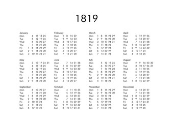 Calendar of year 1819