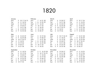 Calendar of year 1820
