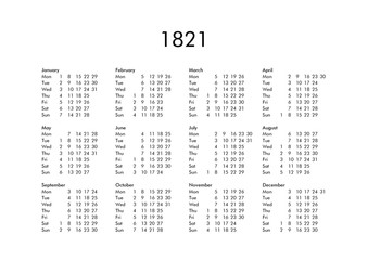 Calendar of year 1821