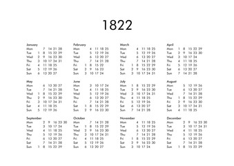 Calendar of year 1822