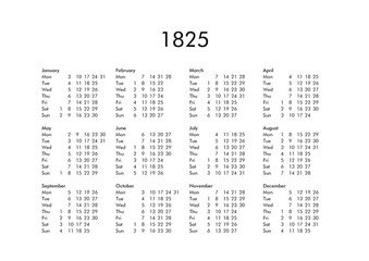 Calendar of year 1825