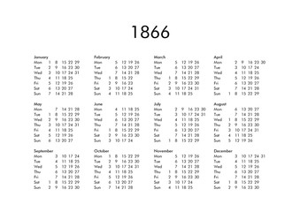 Calendar of year 1866