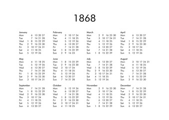 Calendar of year 1868