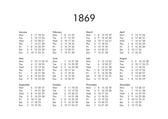 Calendar of year 1869