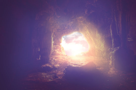 bright light shine to the entrance to the dark cave, holy bible concept.