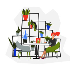 A freelance girl works behind a laptop in a cafe. Drinks coffee and smiles. Rack with plants and cozy interior. Flat cartoon style. Vector illustration.
