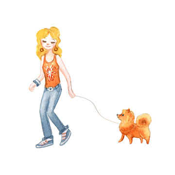 A blonde girl in blue jeans walks with a dog. Watercolor illustration in cartoon style.
