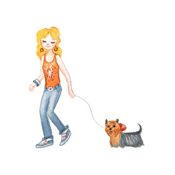 A blonde girl in blue jeans walks with a dog. Watercolor illustration in cartoon style.