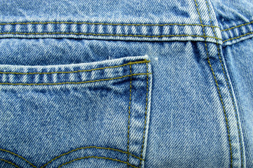 Close up of Blue jeans,Detail of vintage jeans texture with pocket studs and stitch with selective focus.