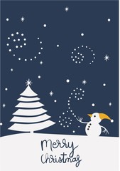 Snowman with christmas tree in winter illutrator design card blue backgroung wallpepar