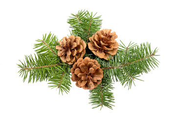 Pine cones with Christmas tree branch isolated on a white background