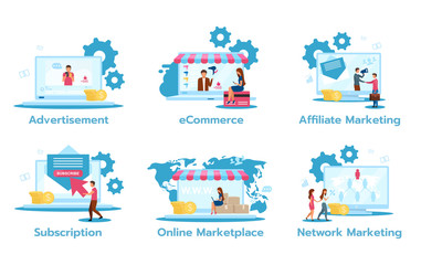 Naklejka premium Business model flat vector illustrations set. Advertisement. E-commerce. Affiliate marketing. Subscription. Online marketplace. Network marketing. Trading strategies. Isolated cartoon characters