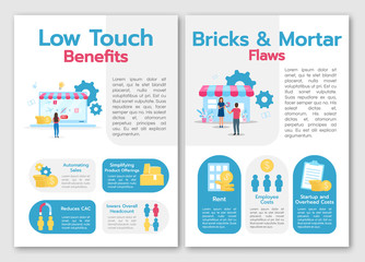 Low touch benefits brochure template. Brics and mortal flows. Flyer, booklet, leaflet concept with flat illustrations. Vector page cartoon layout for magazine. advertising invitation with text space