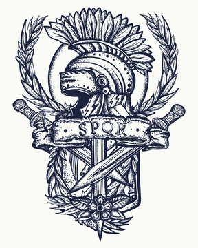 Spartan helmet, roman shield, crossed swords and laurel wreath. Ancient Rome tattoo. Soldier gladiator art. Italian history. Symbol of war, courage, strength
