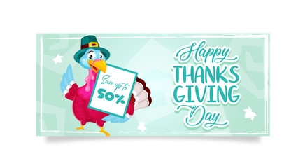 Obraz na płótnie Canvas Happy Thanksgiving day flat poster vector template. Autumn holiday sale. Piligrims turkey with ad isolated cartoon character. Banner, brochure, leaflet design layout with place for text