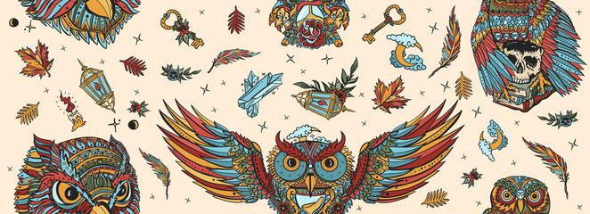 Owls seamless pattern. Old school tattoo style. Fairy tale art. Magic birds, traditional tattooing background